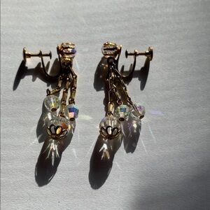 Classic gold tone and aurora borealis crystal 2” dangle screw back earrings